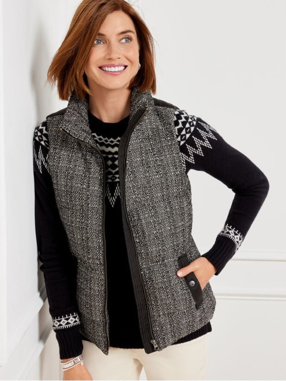 Talbots Down Puffer Forrest Tweed Black & Gray Tweed Zip-Front Vest Size 2X